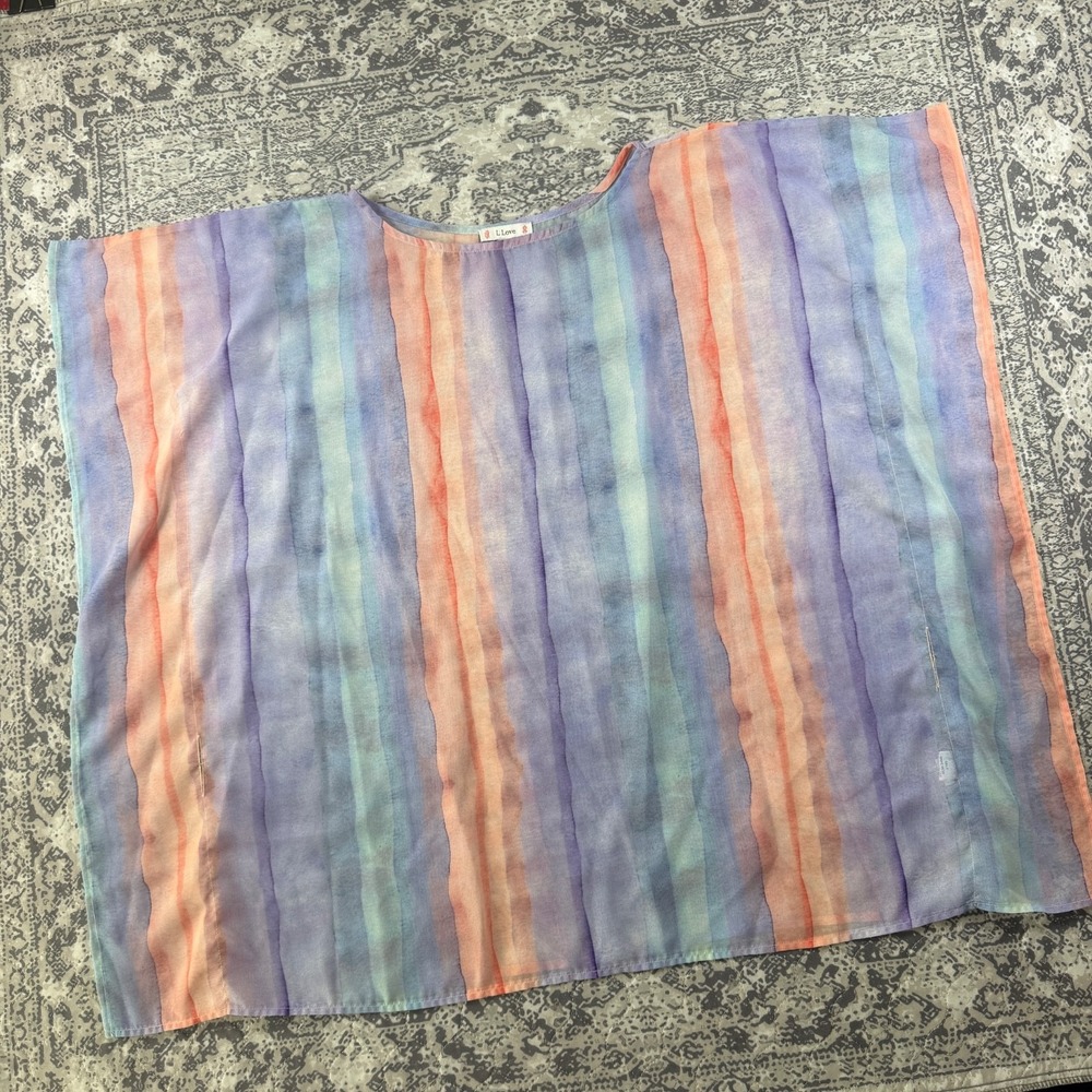 L Love Pastel Watercolor Striped Sheer Flowy Poncho Blouse LV5132 Large